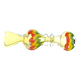 Full shot of rasta-themed glass oney smoking device in red, yellow and green color swirls mouthpiece on left