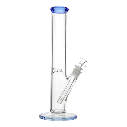 Full shot of 14 inch glass straight bong with blue mouthpiece and base bowl on right