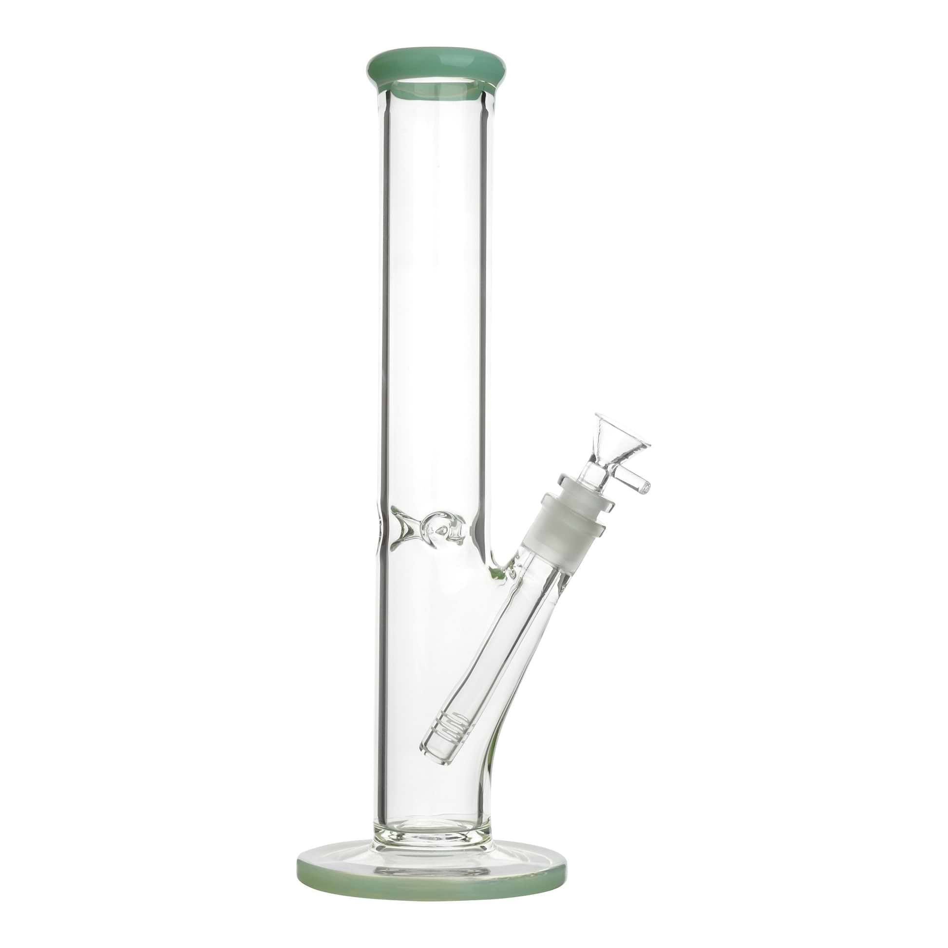 Full shot of 14 inch glass straight bong with jade mouthpiece and base bowl on right