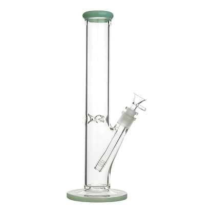 Full shot of 14 inch glass straight bong with jade mouthpiece and base bowl on right