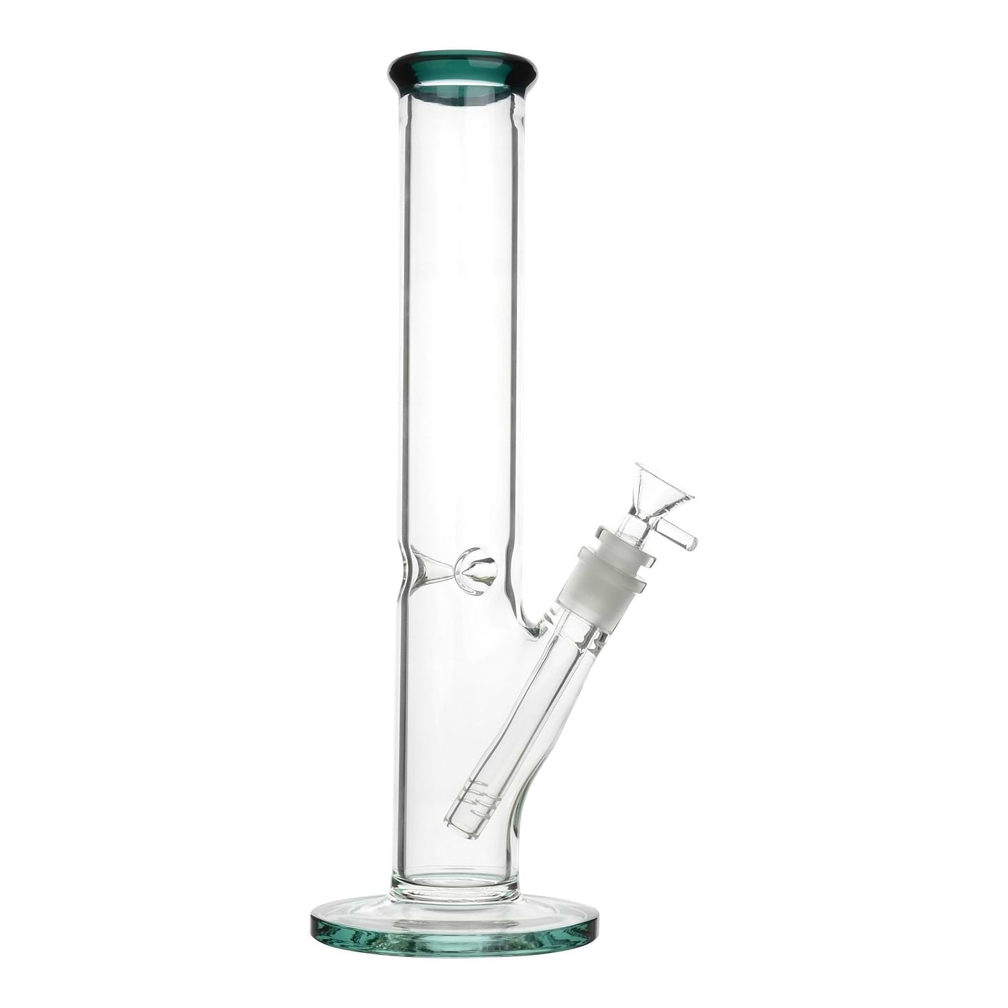 Full shot of 14 inch glass straight bong with teal mouthpiece and base bowl on right