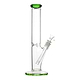 Full shot of 14 inch glass straight bong with green mouthpiece and base bowl on right