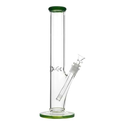 Full shot of 14 inch glass straight bong with moss mouthpiece and base bowl on right