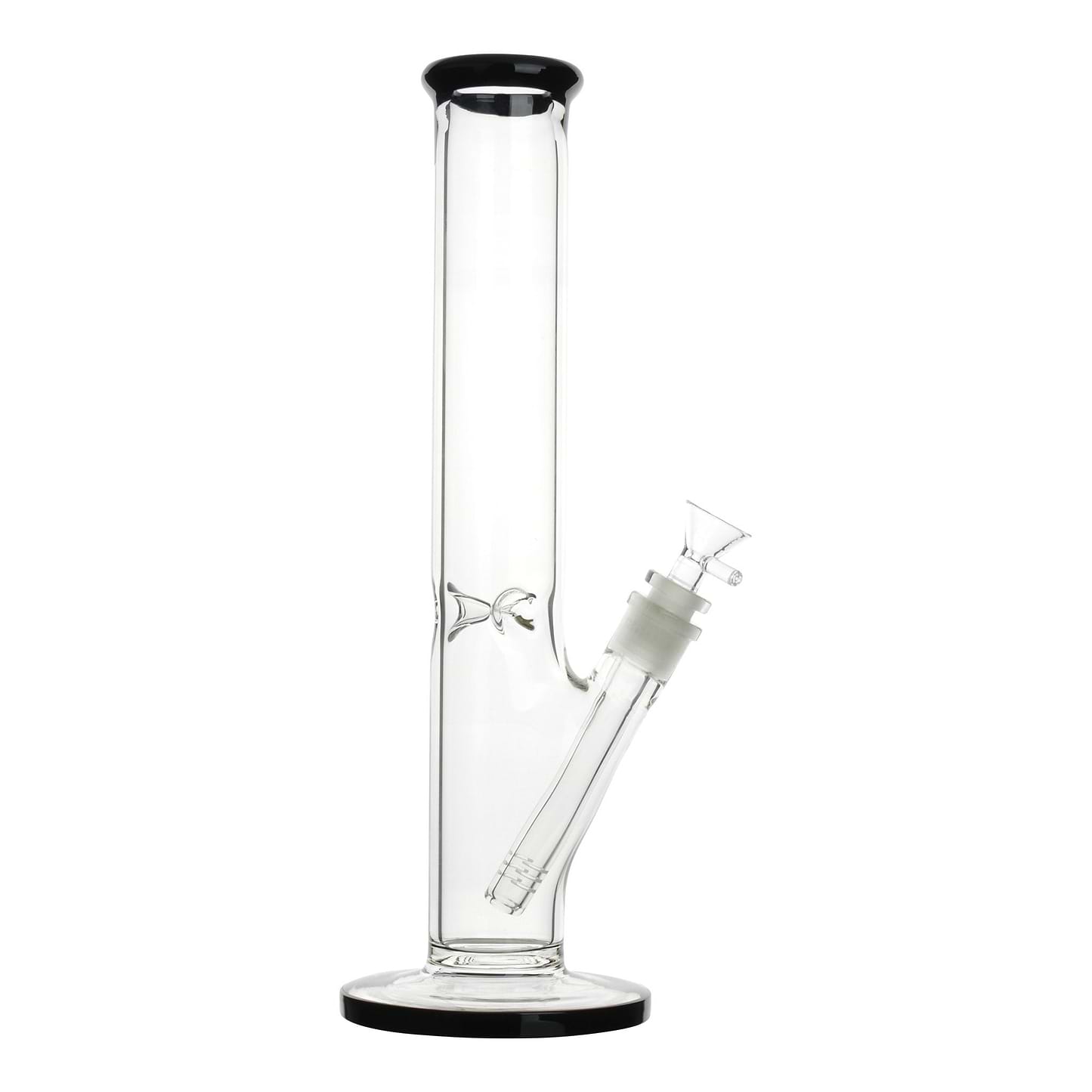 Full shot of 14 inch glass straight bong with black mouthpiece and base bowl on right
