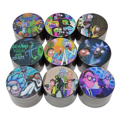 Top shot of 9 pieces funny RnM themed assorted Rick and Morty designed lids black grinders