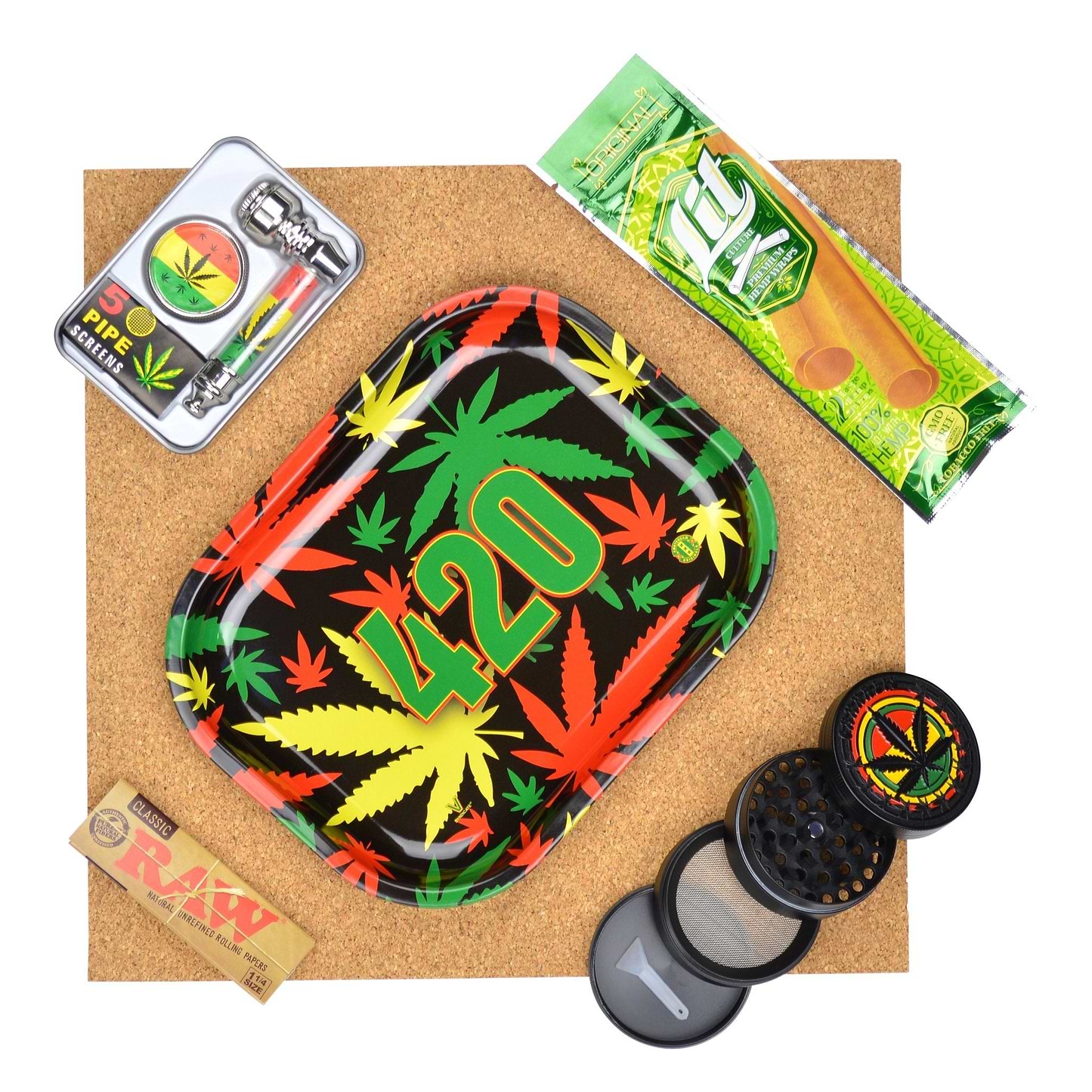 Set of funky reggae rasta-themed smoking pieces stoner on the go kit, hemp wraps, metal tray, RAW rolling papers bundle