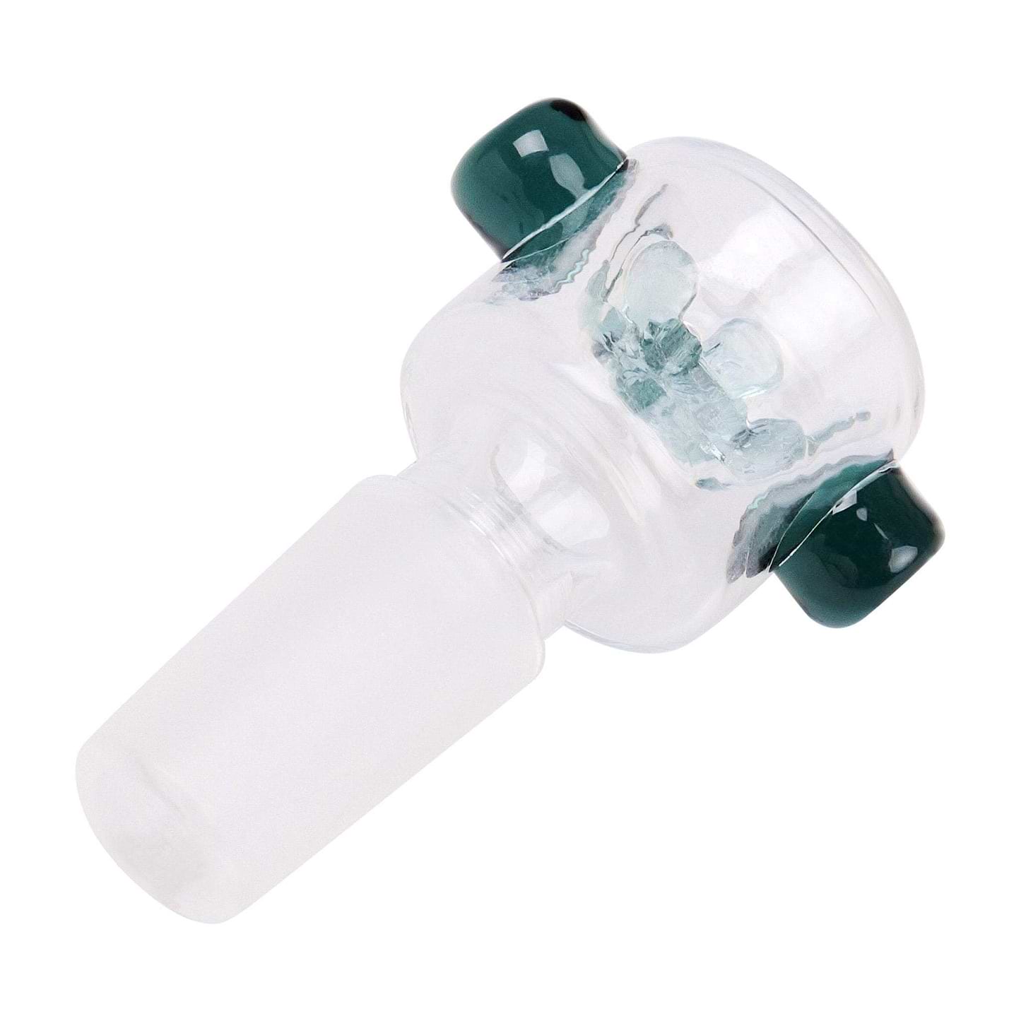 right tilted 14mm glass male bowl for bong smoking accessory with built-in screen and teal finger grips on the sides