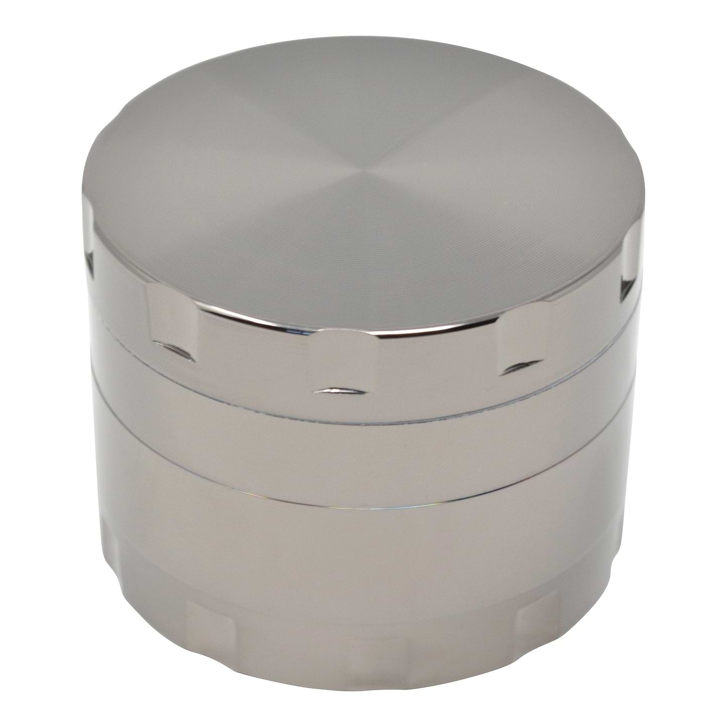 High angle shot of a closed 48mm silver grinder smoking accessory lid with smooth surface ridges on the side