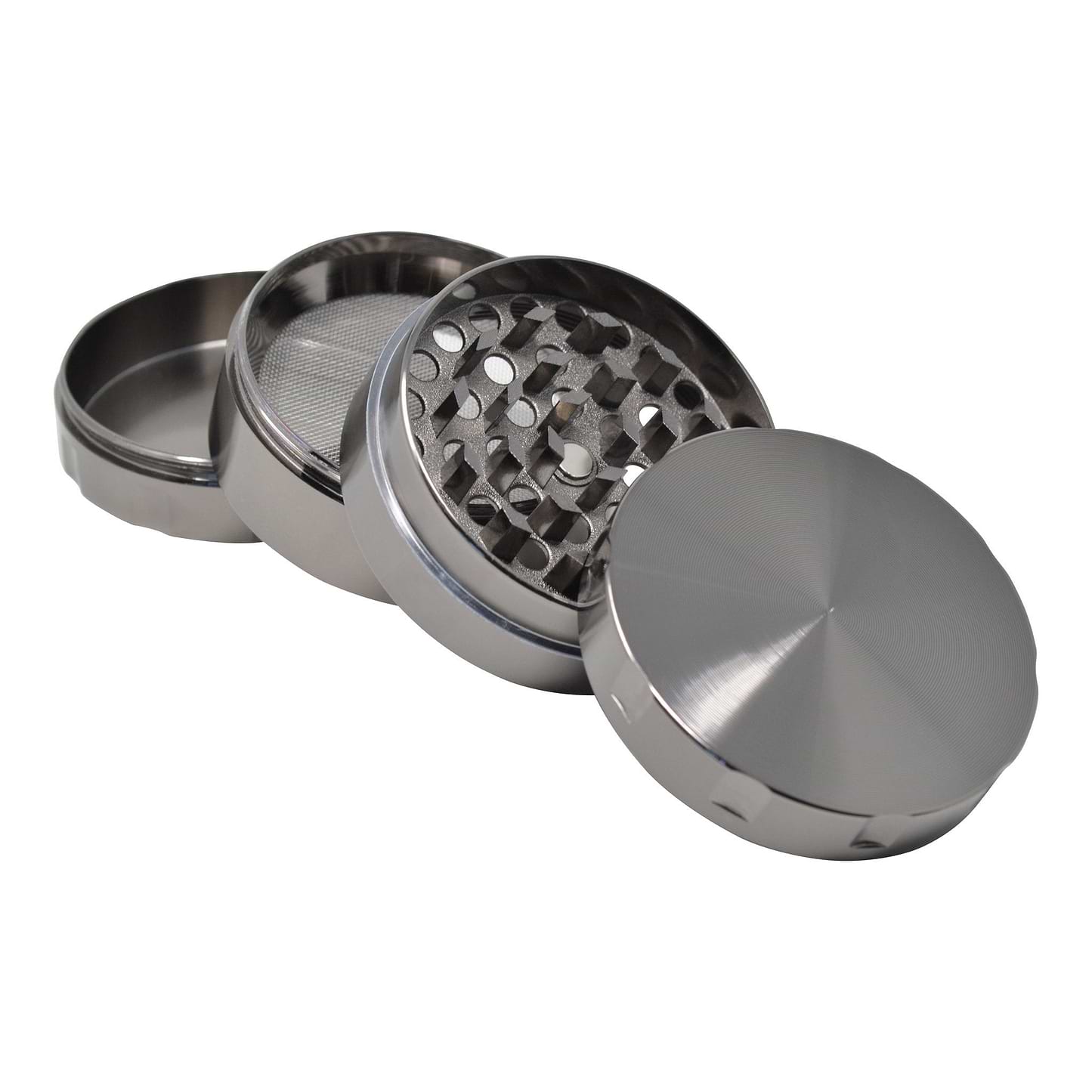 shot of 4 parts 48mm gun metal grinder smoking accessory lid with smooth surface ridges on the sides