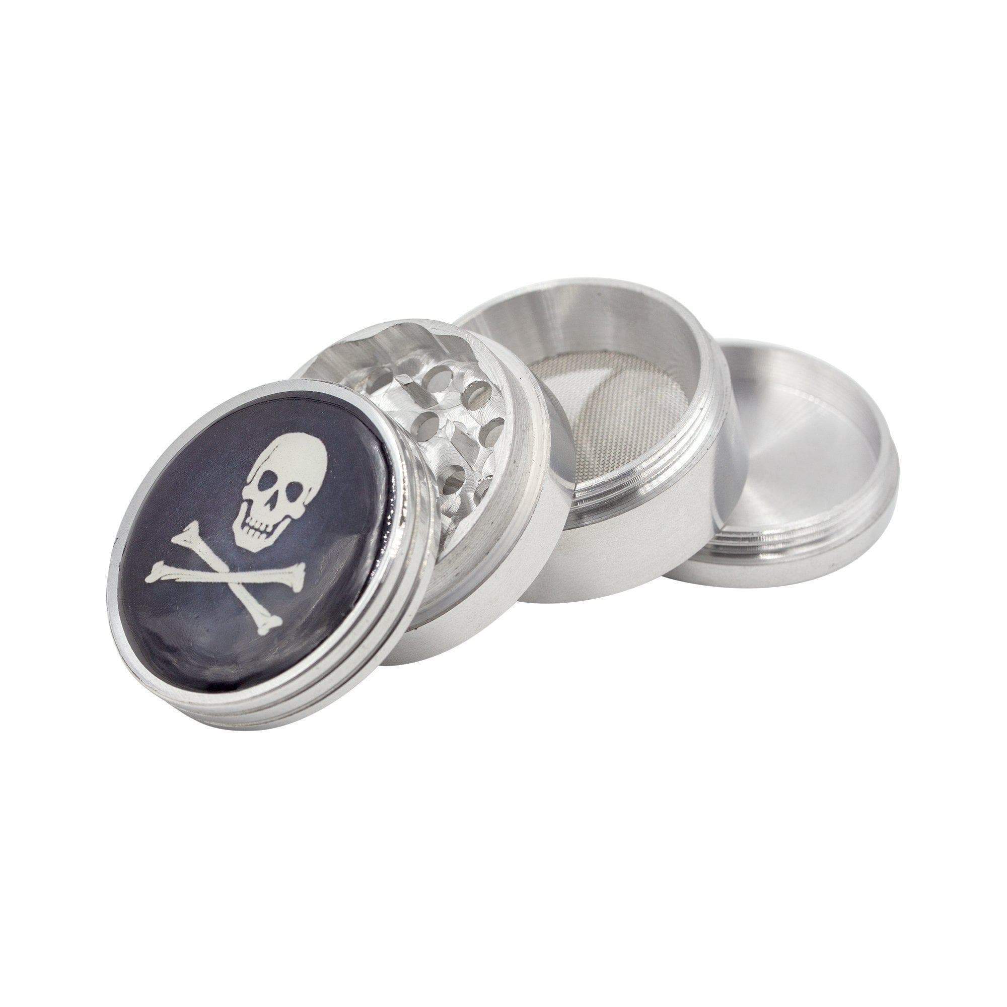 Goth metal herb grinder smoking accessory with 4 parts smooth metallic withskull and crossbones design on the lid