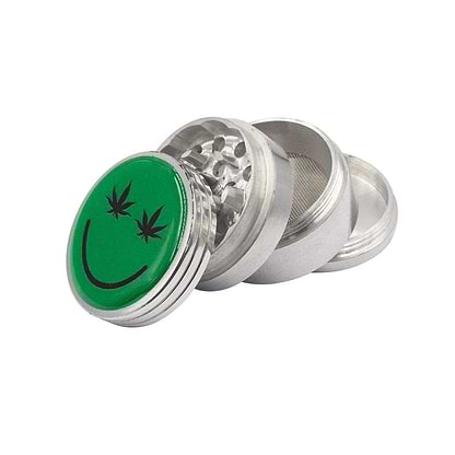 Cute metal herb grinder smoking accessory 4 parts interlocking pegs smooth metallic fun smiley emoticon emoji on lid