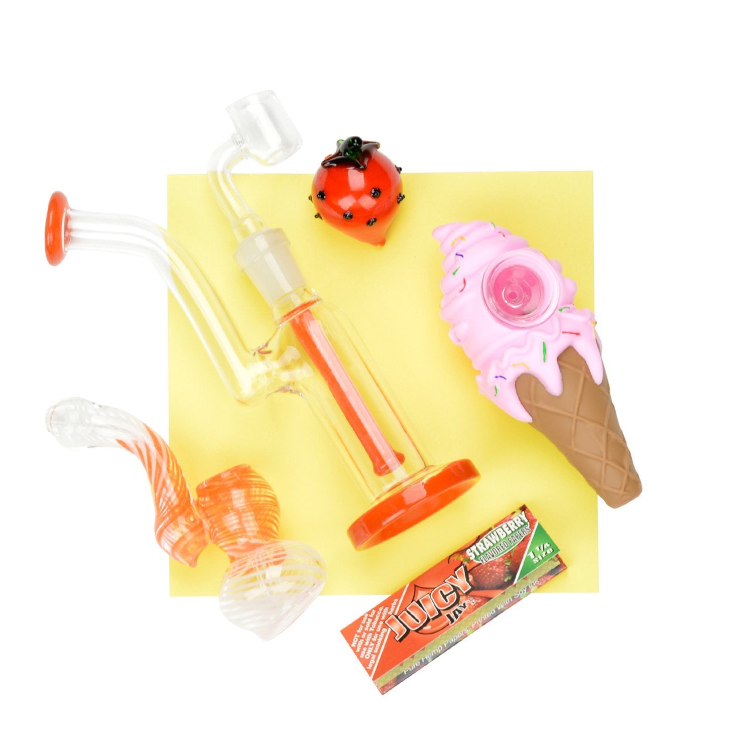 Cute set of summer-inspired strawberry themed dab-rig, ice cream cone pipe, bubbler, carb cap, flavored hemp wraps