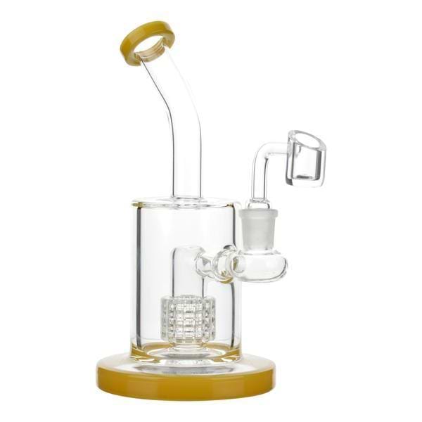 Honey 7-inch clear glass dab rig smoking device on a sturdy base with a bent neck and microscope design