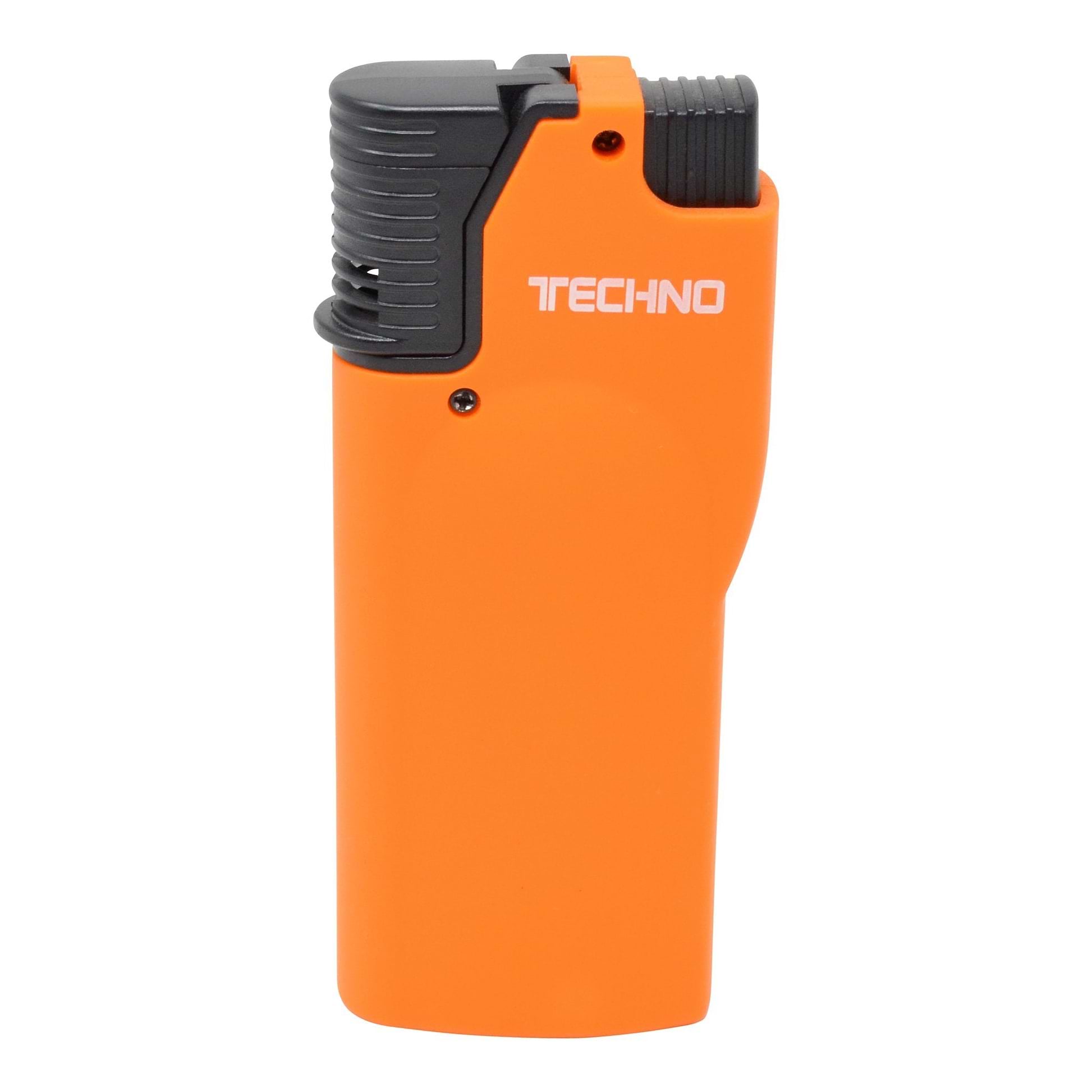 Full shot of closed orange flip top torch smoking accessory with white Techno word in front
