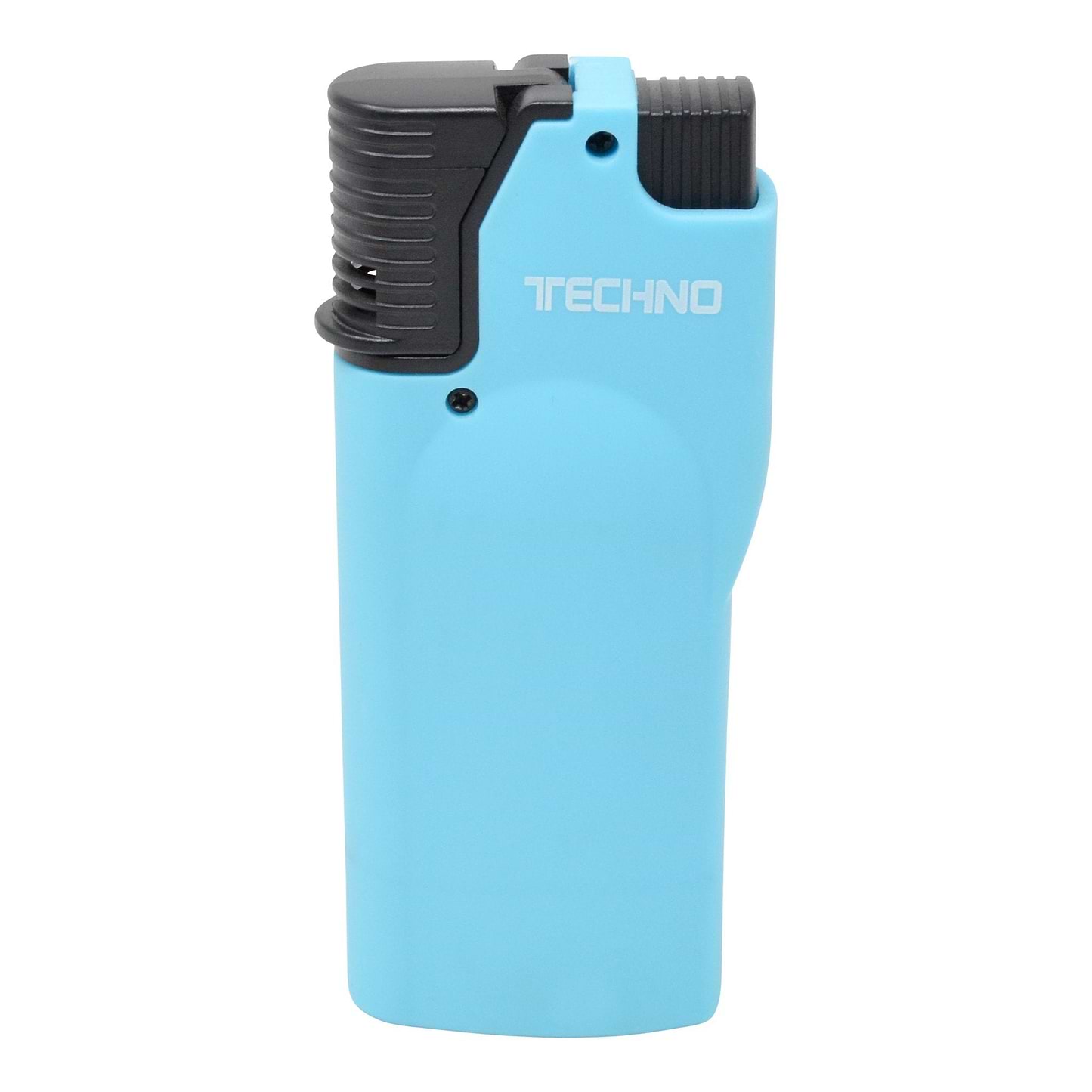 Full shot of closed blue flip top torch smoking accessory with white Techno word in front