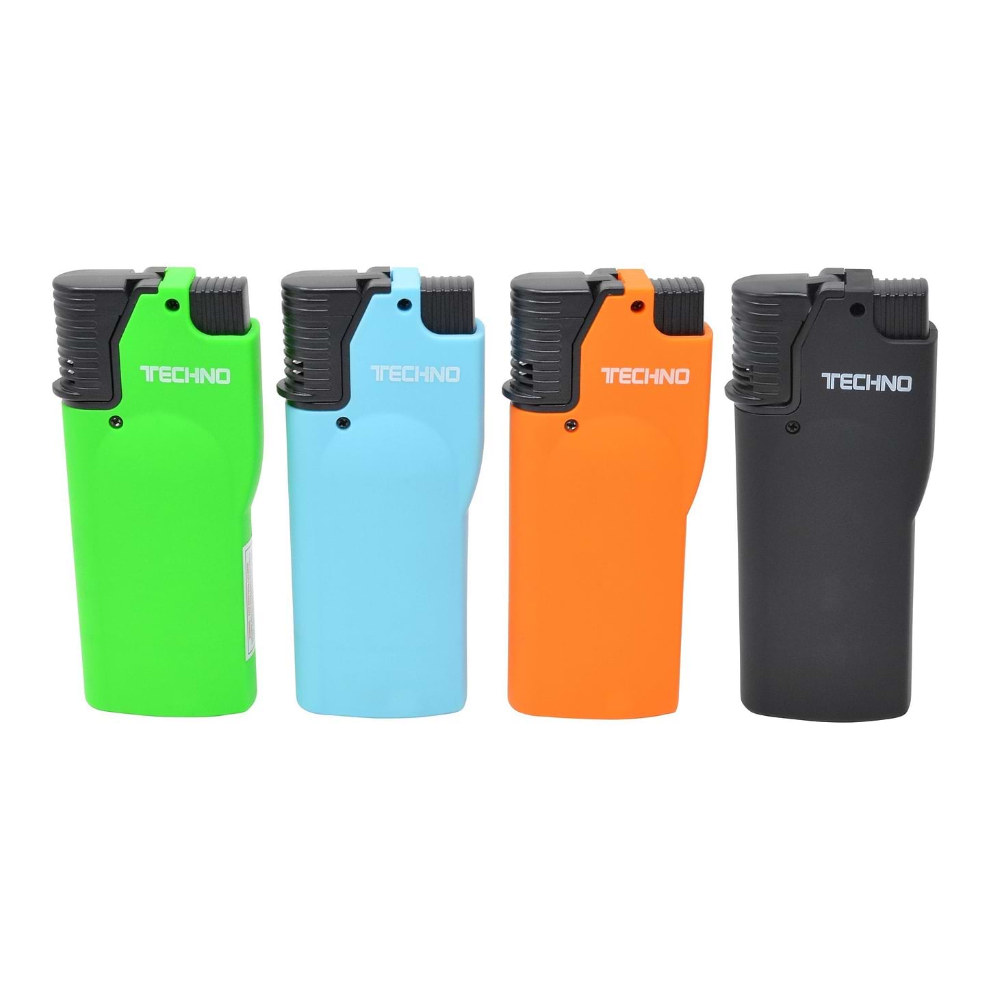 Full front shot of 4 Techno flip top torch smoking accessory in green, blue, orange and black colors