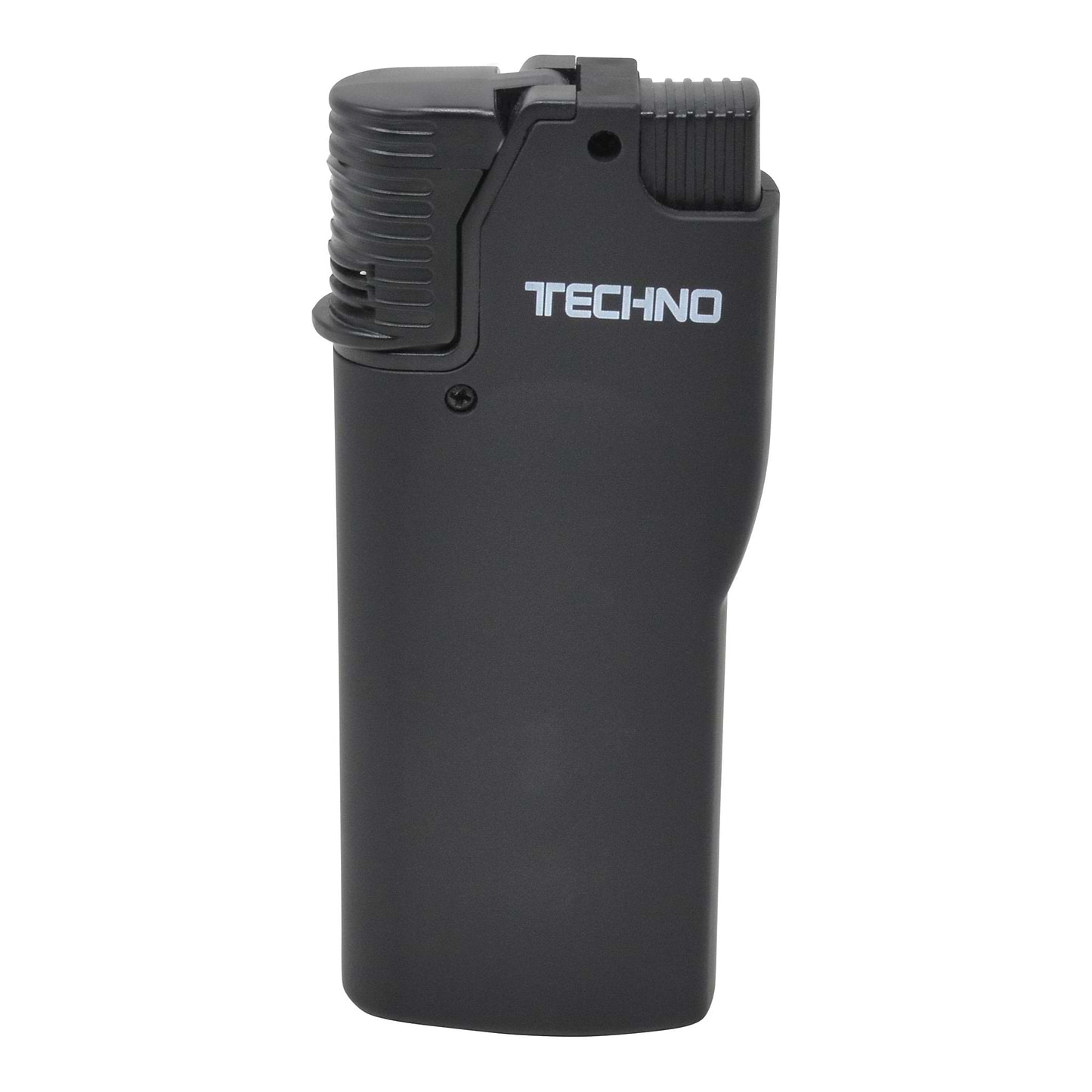 Full shot of closed black flip top torch smoking accessory with white Techno word in front