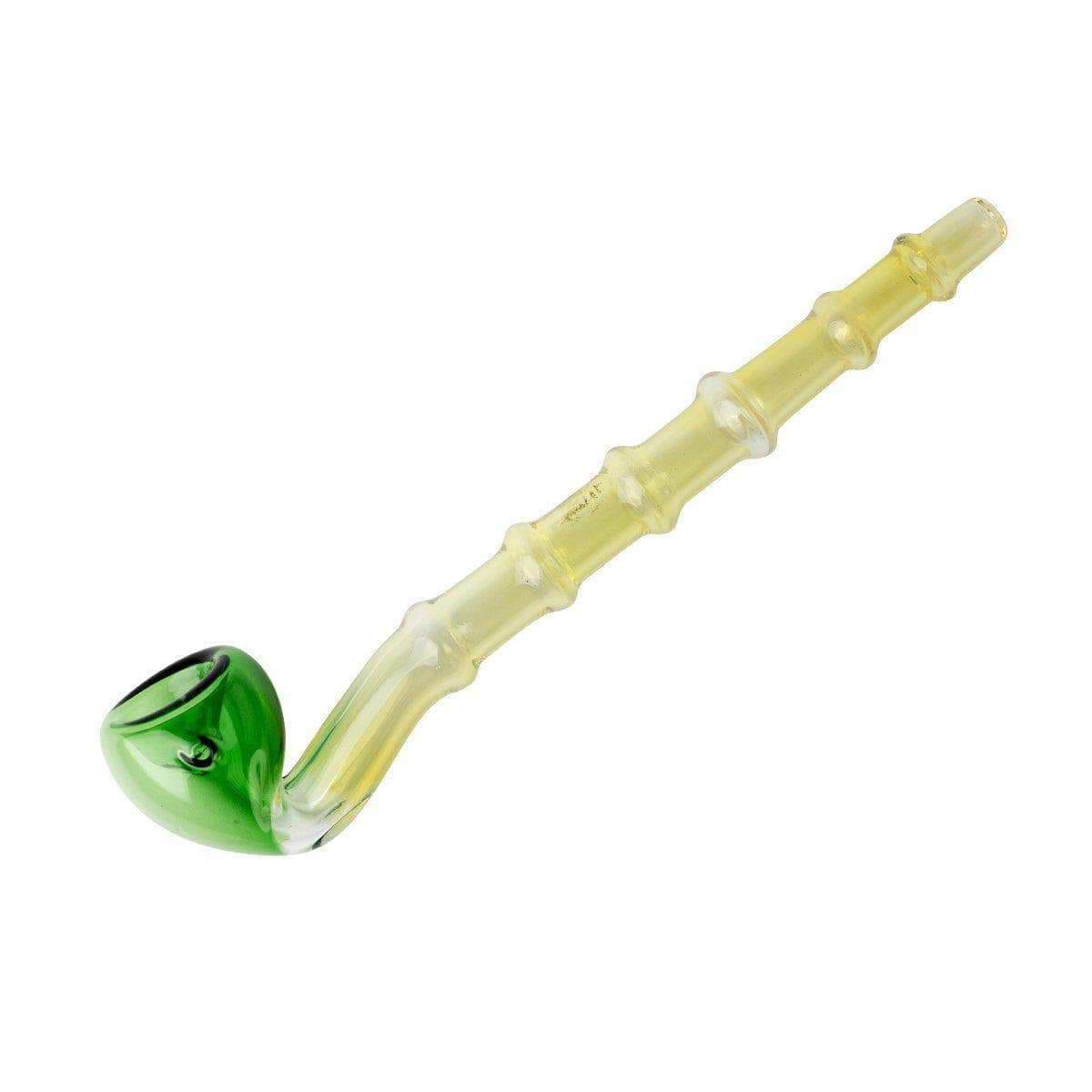 8-inch long curved glass pipe smoking device with ridges easy grip yellow green cane golf club shape Hobbit-inspired design