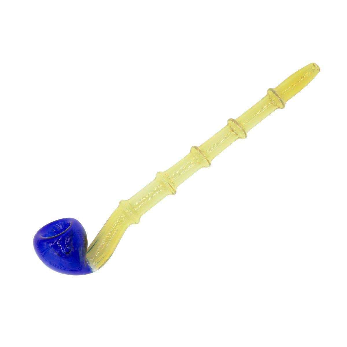 8-inch long curved glass pipe smoking device with ridges easy grip yellow blue cane golf club shape Hobbit-inspired design