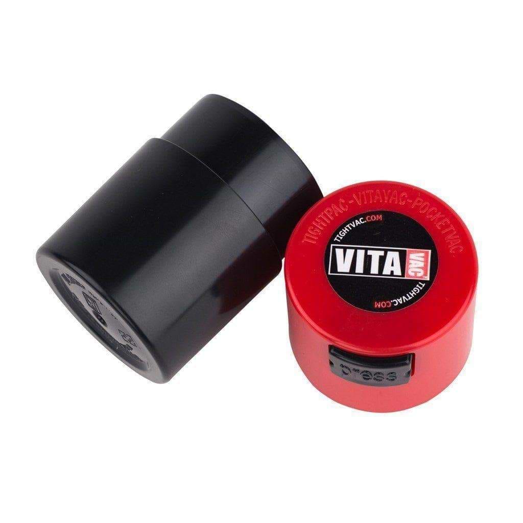 opened airtight Tightvac herb storage black body vacuum seal keep herbs fresh and moisture-free airtight label on red lid