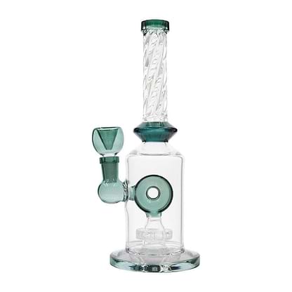 Teal 10-inch glass bong smoking device with 360-degree disk percolator in elegant twisting design