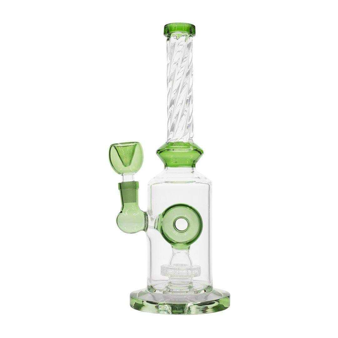 Green 10-inch glass bong smoking device with 360-degree disk percolator in elegant twisting design