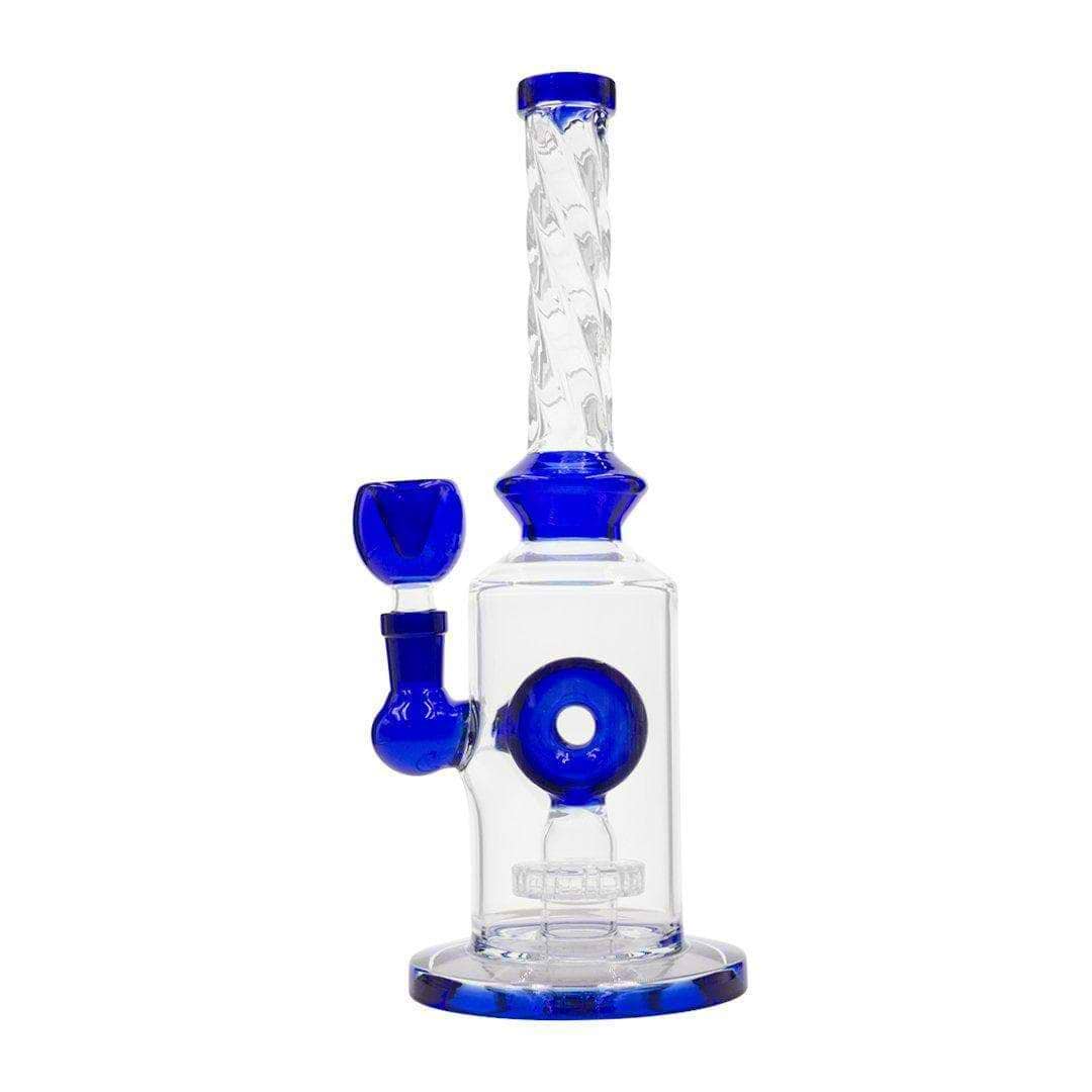 Blue 10-inch glass bong smoking device with 360-degree disk percolator in elegant twisting design