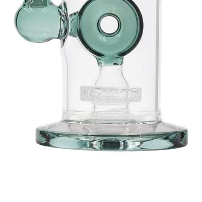 Teal close up 10-inch glass bong smoking device with 360-degree disk percolator in elegant twisting design