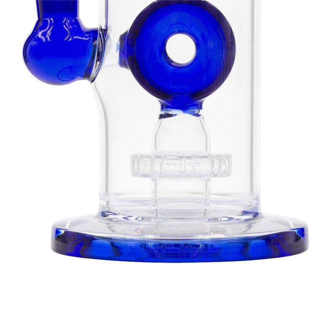 Blue close up 10-inch glass bong smoking device with 360-degree disk percolator in elegant twisting design
