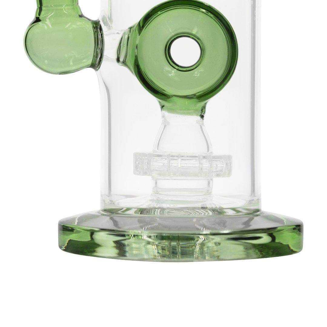 Green close up 10-inch glass bong smoking device with 360-degree disk percolator in elegant twisting design