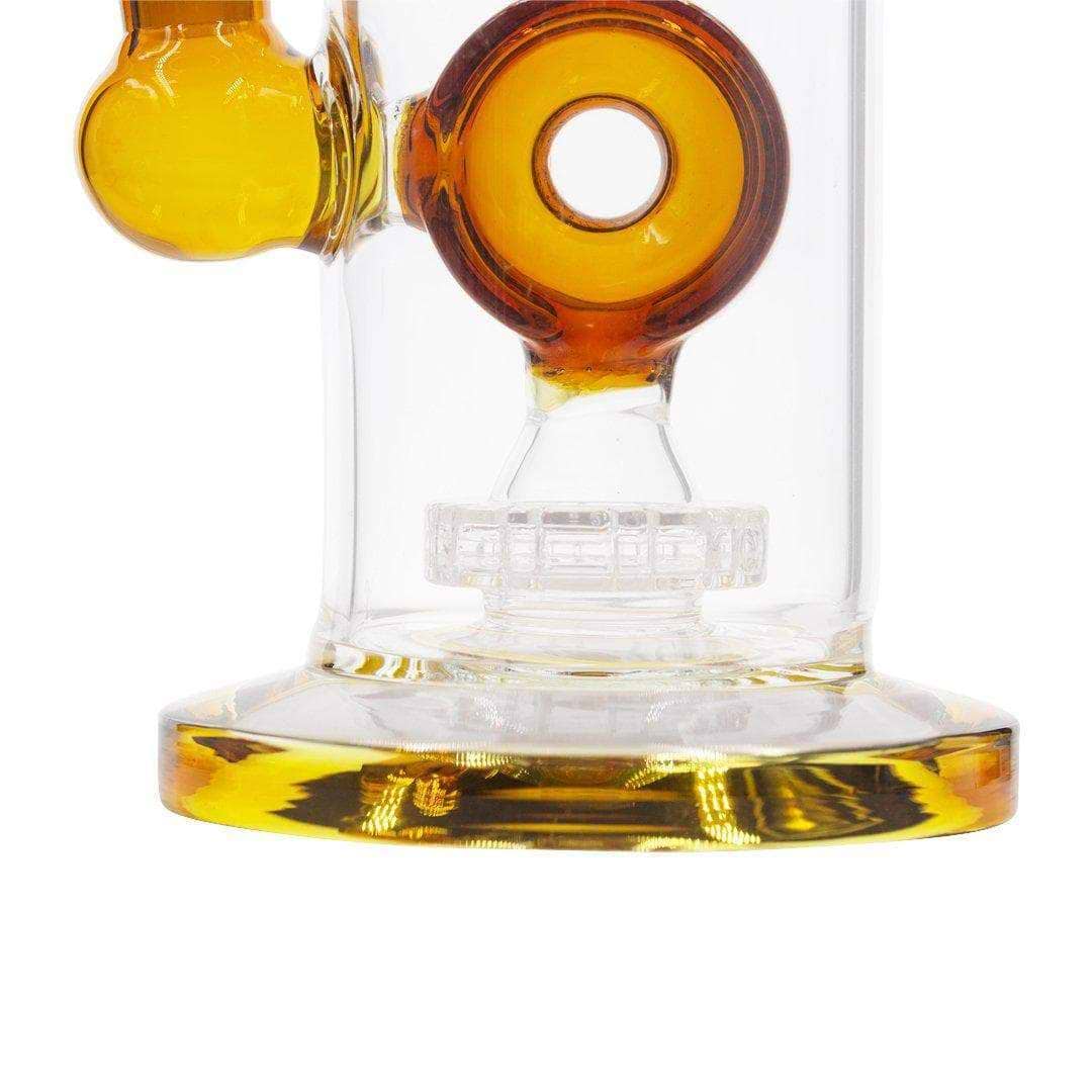 Amber close up 10-inch glass bong smoking device with 360-degree disk percolator in elegant twisting design