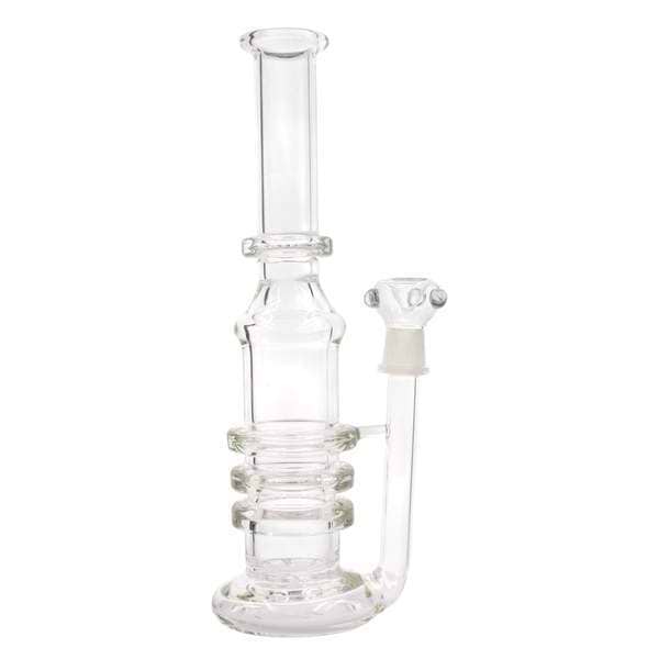 Full shot of 12 inch clear glass straight bong with 3 layered design in the middle bowl on right