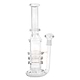 Full shot of 12 inch clear glass straight bong with 3 layered design in the middle bowl on right