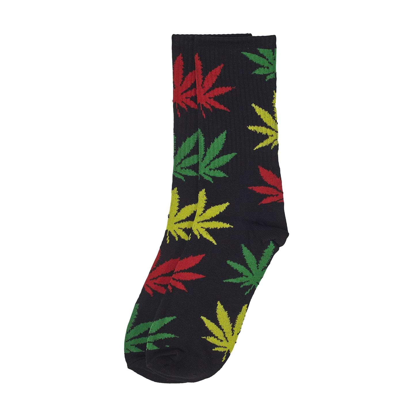 A pair of colorful adult socks footwear with funky rasta weed leaf design
