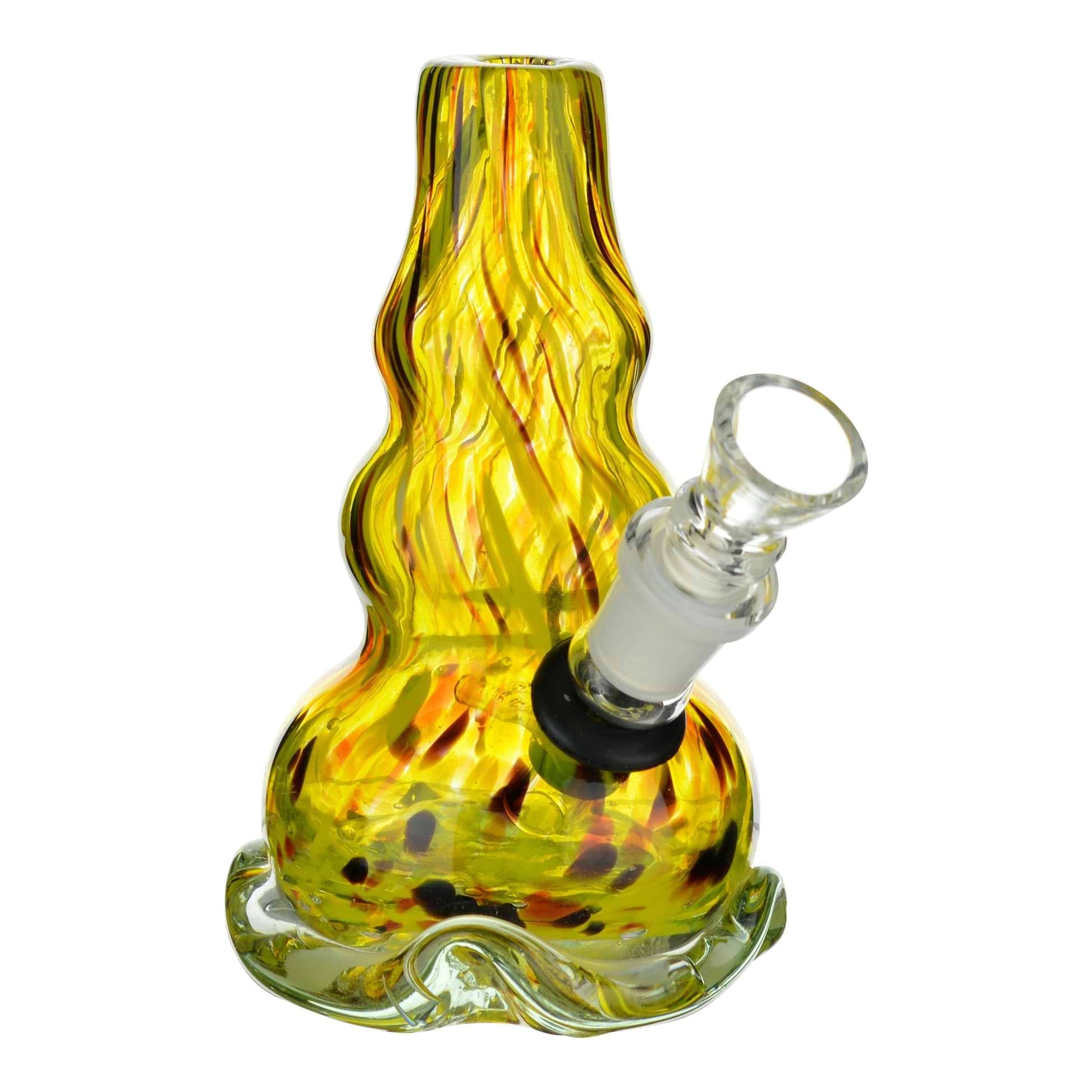 Full shot yellow 5 inch glass bong with lightbulb shape and flower shaped base bowl on right bowl opening visible