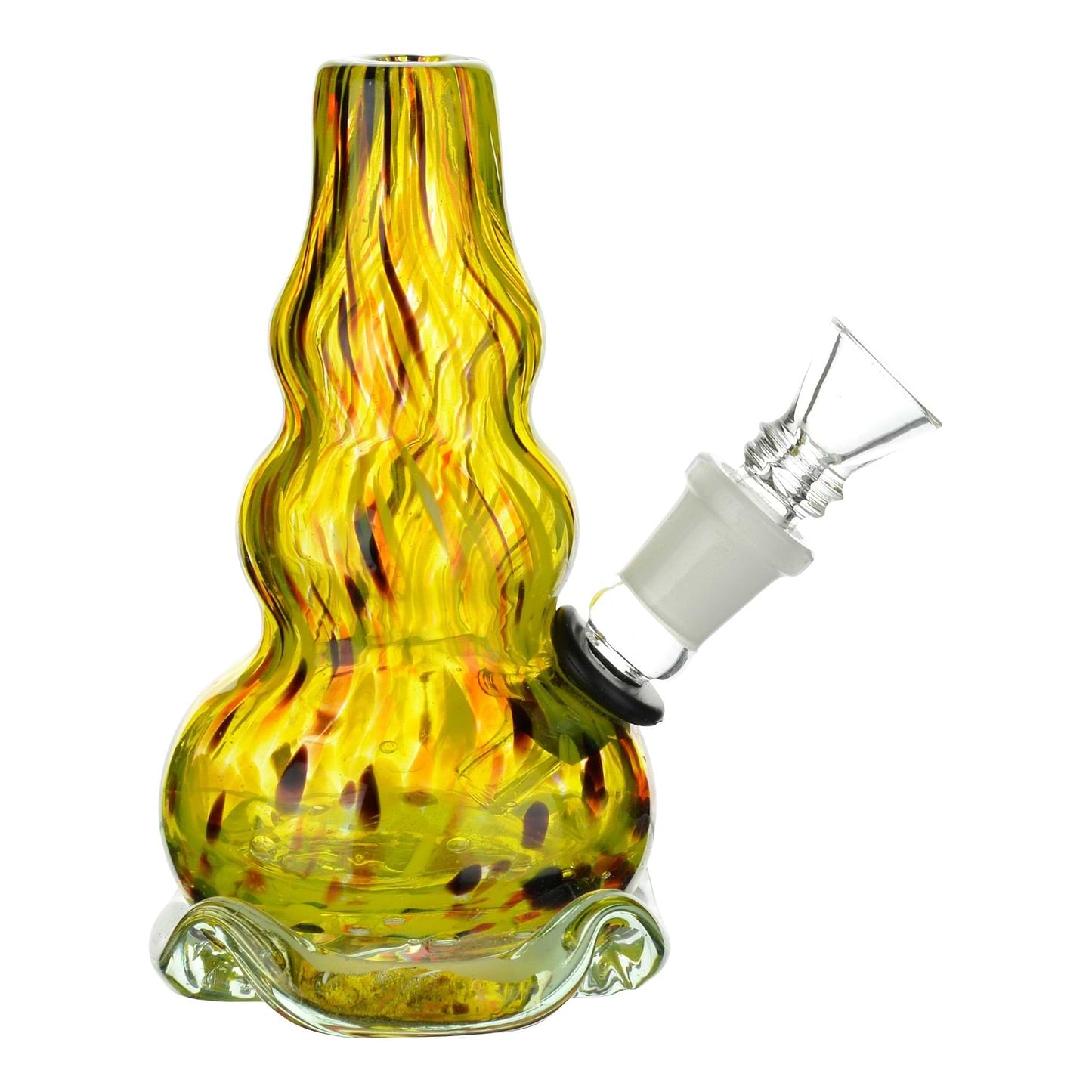 Full shot of yellow 5 inch mini glass bong with lightbulb shape and flower shaped base bowl on right