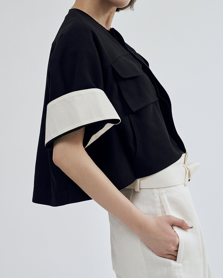【25SS】クロップドノーカラーワークジャケット