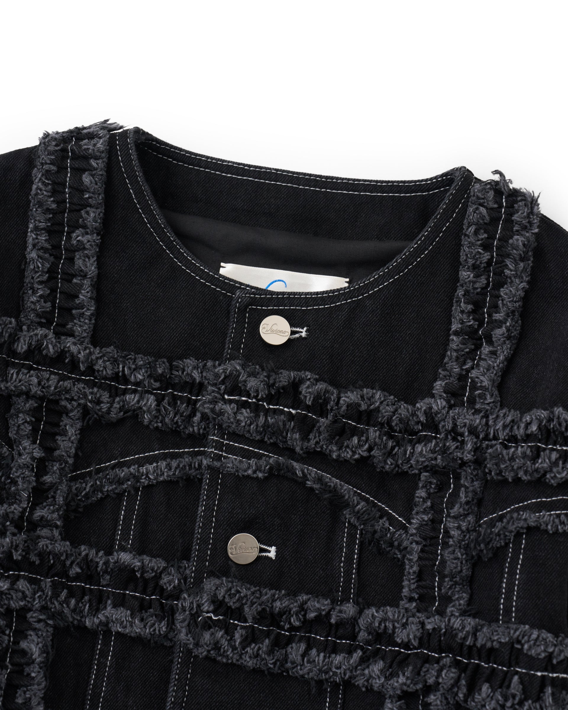 VIVIANO】ラッフルデニムジャケット | ブラック チェック | 刺繍 VIVIANO】ラッフルデニムジャケット | ブラック チェック | 刺繍