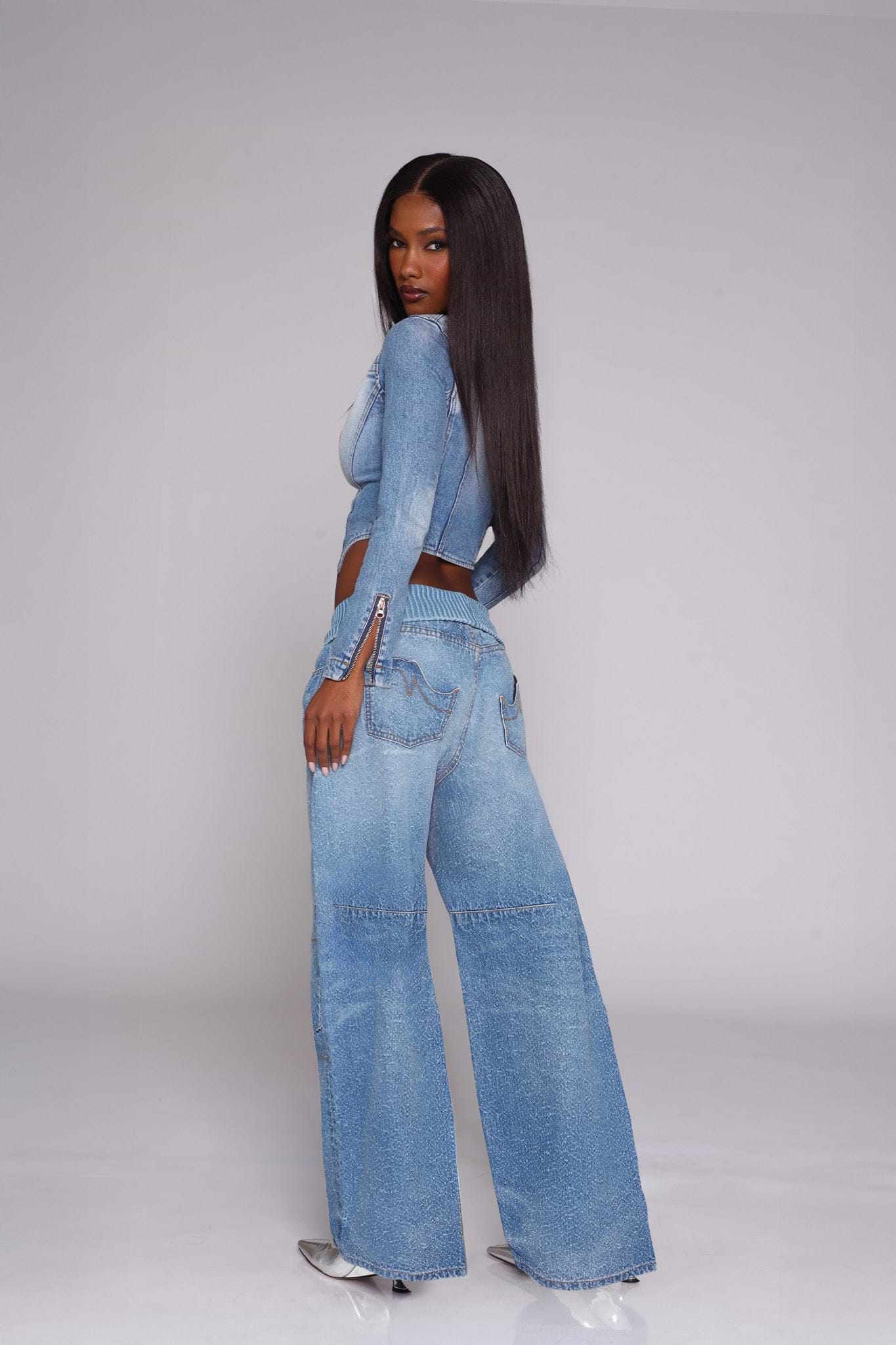 Herlipto♡Wave Denim Two Piece 40792 High Rise Dual Layer Wide Leg Shaggy Jeans W/ Helix Outseam