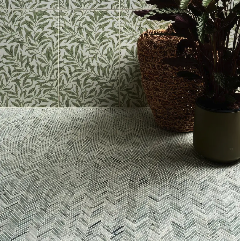 Athens Mint marble Mosaic herringbone flooring stocked by Hyperion Tiles