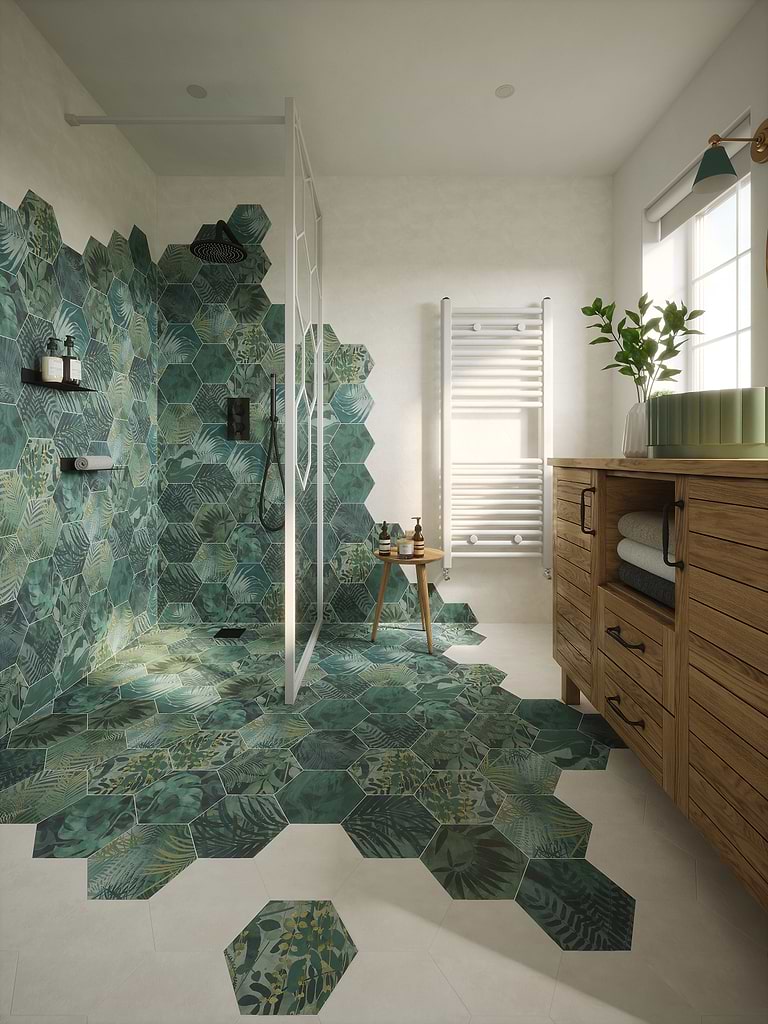 Geometric patterned hexagon tiles in bathroom featuringJungle Hexagon Porcelain Tiles by Clarissa Hulse stocked by Hyperion Tiles