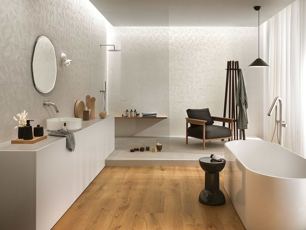 Minoli 3D Wall Carve Leaf White Tiles in a luxury room - tiles stocked by Hyperion Tiles