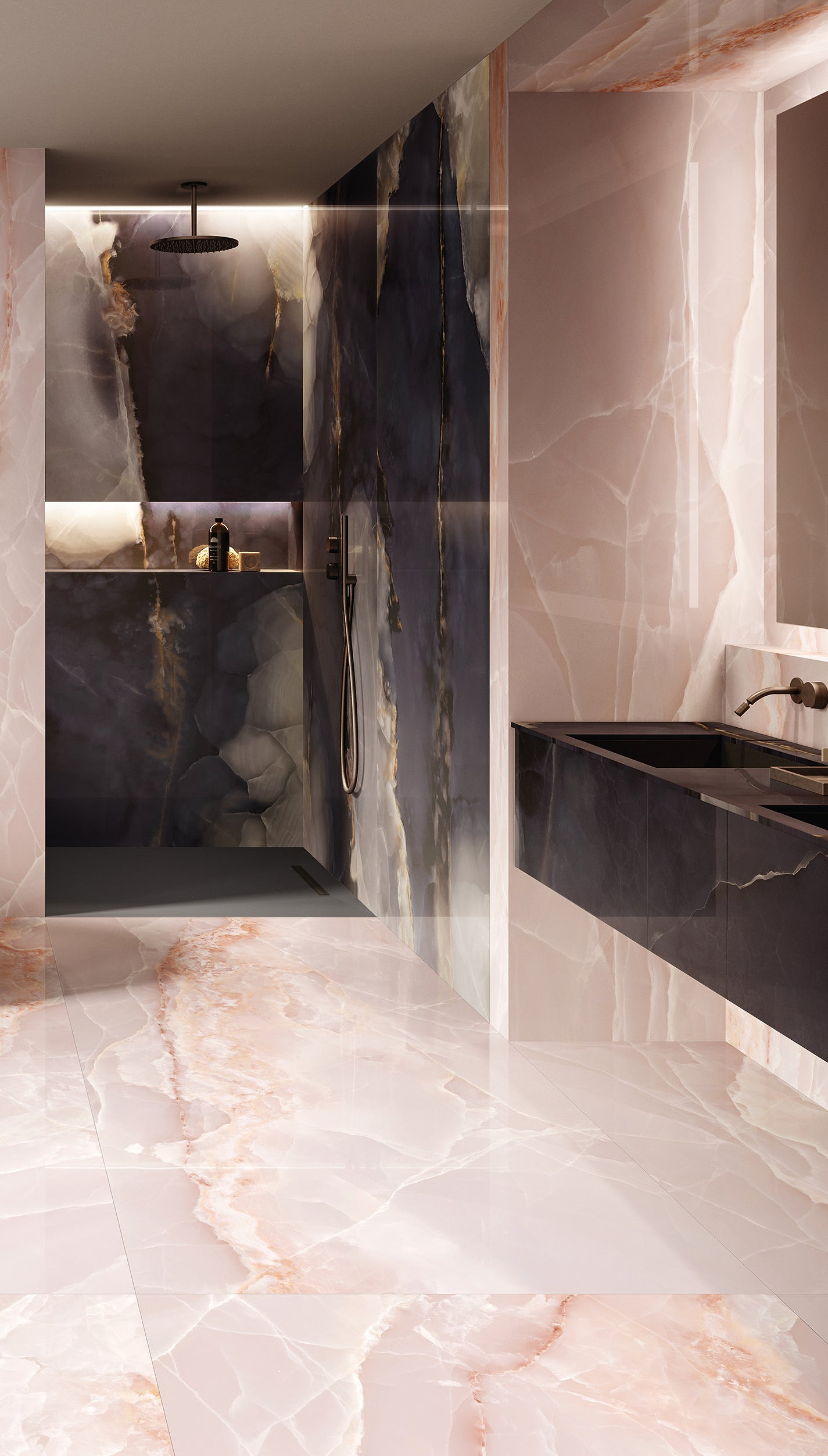 Wetroom in Onyx Pink and Black tiles stocked by Hyperion Tiles