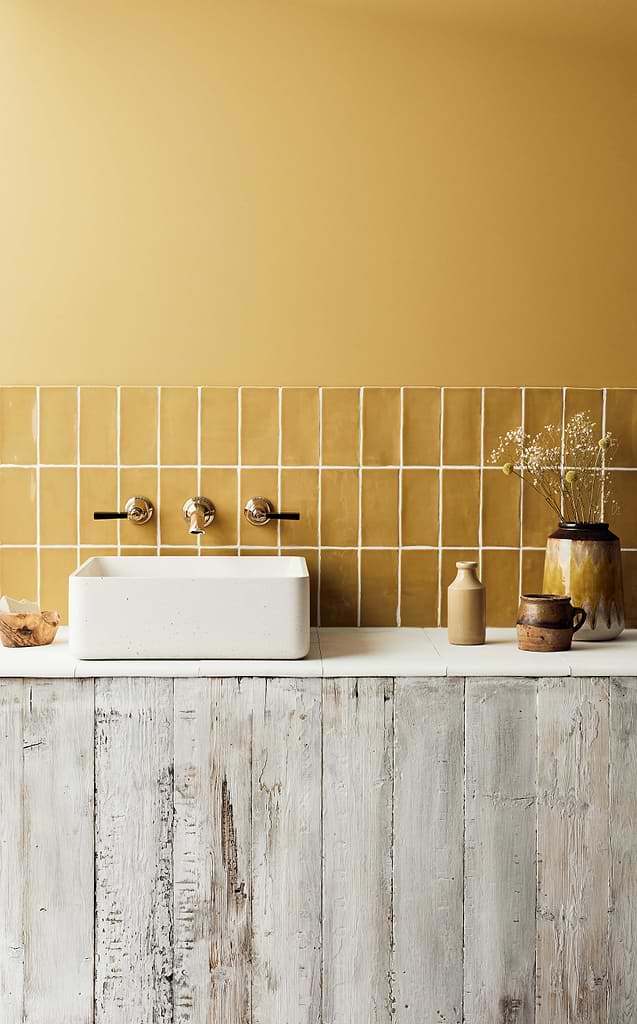 Boot room with basin and backsplash tiles Bassoon stocked by Hyperion Tiles