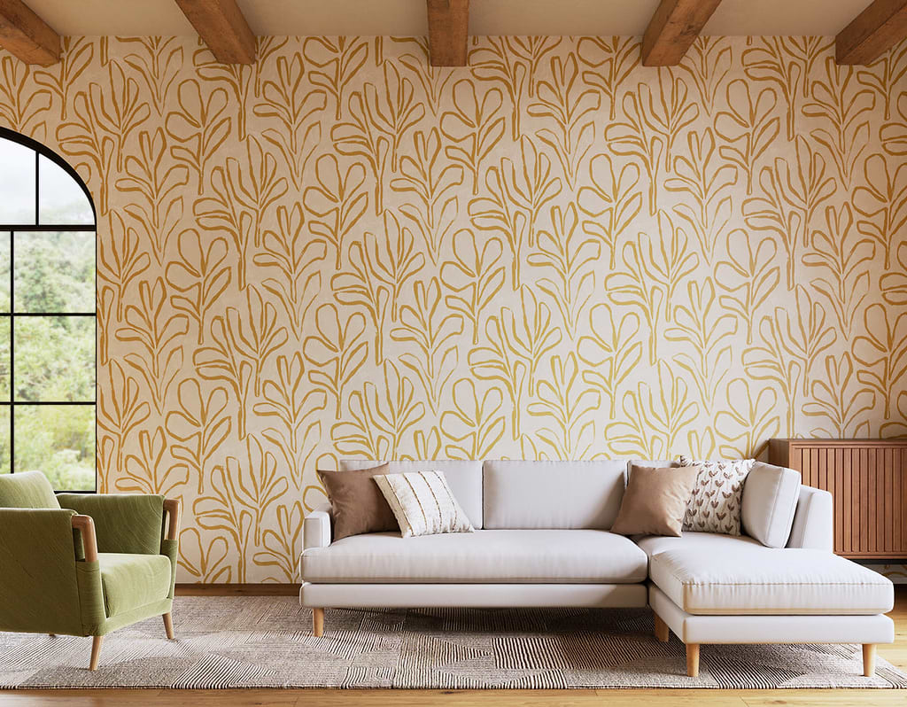 Honey Lace colour on botanical Phillip Jeffries' wallpaper stocked by Hyperion Tiles