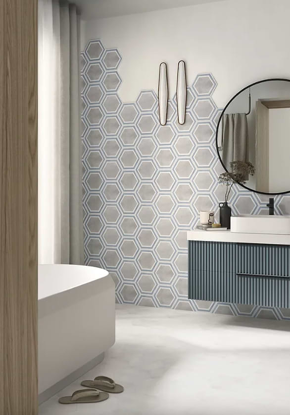 Colourful wall tiles adding texture to a bathroom stocked by Hyperion Tiles