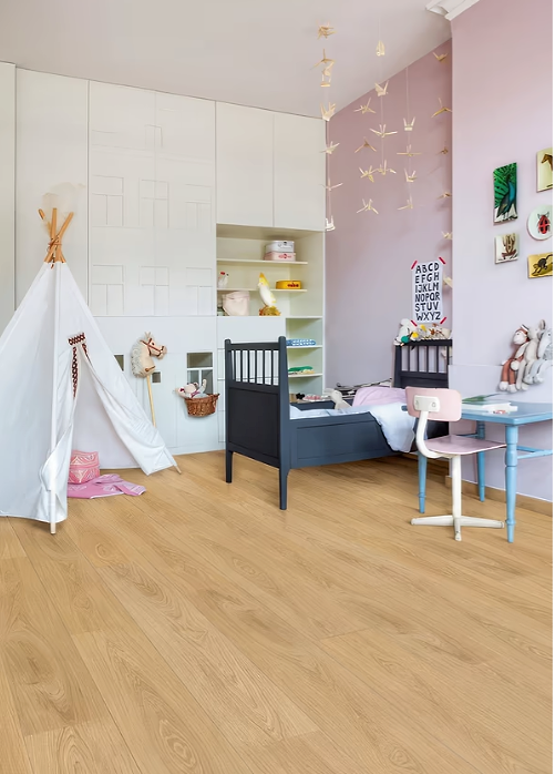 Wood effect Butter Crisps F002 Long Vinyl Planks in nursery room stocked by Hyperion Tiles