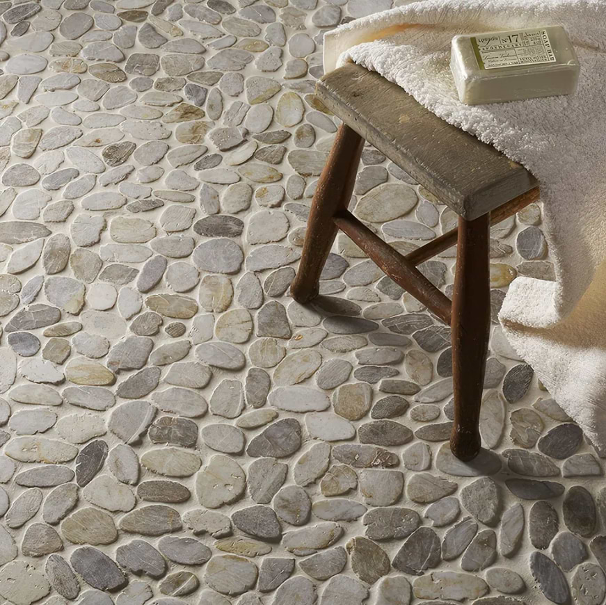 Bathroom tiles Riverstone White Flat Cut Pebble Mosaic stocked by Hyperion Tiles