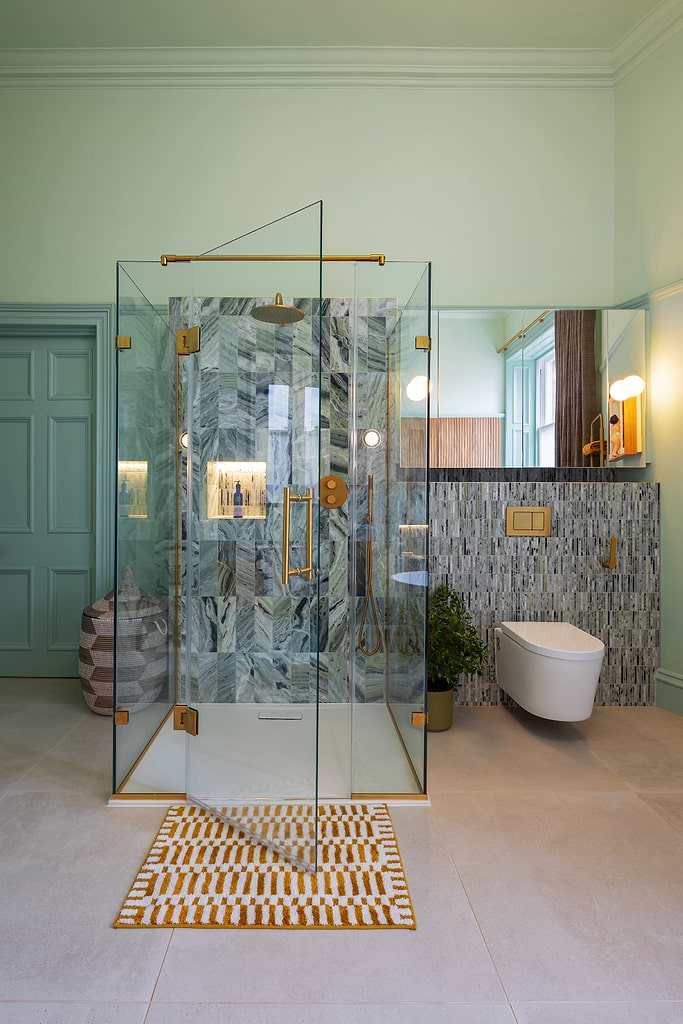 Seaspray Green Marble tiles and Seaspray Green Stacked Mosaic tilesfrom Hyperion Tiles