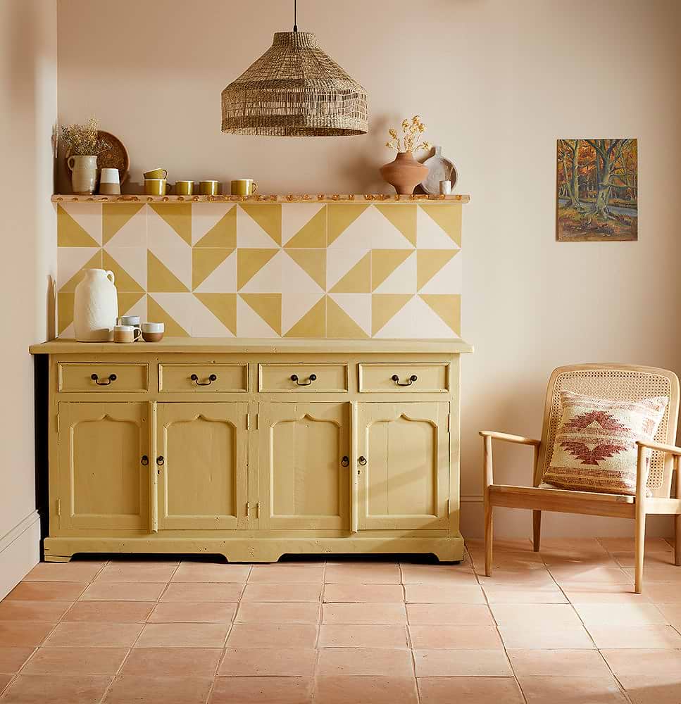 A chair in a boot room with Sweet Yellow Alalpardo Tiles from Hyperion Tiles